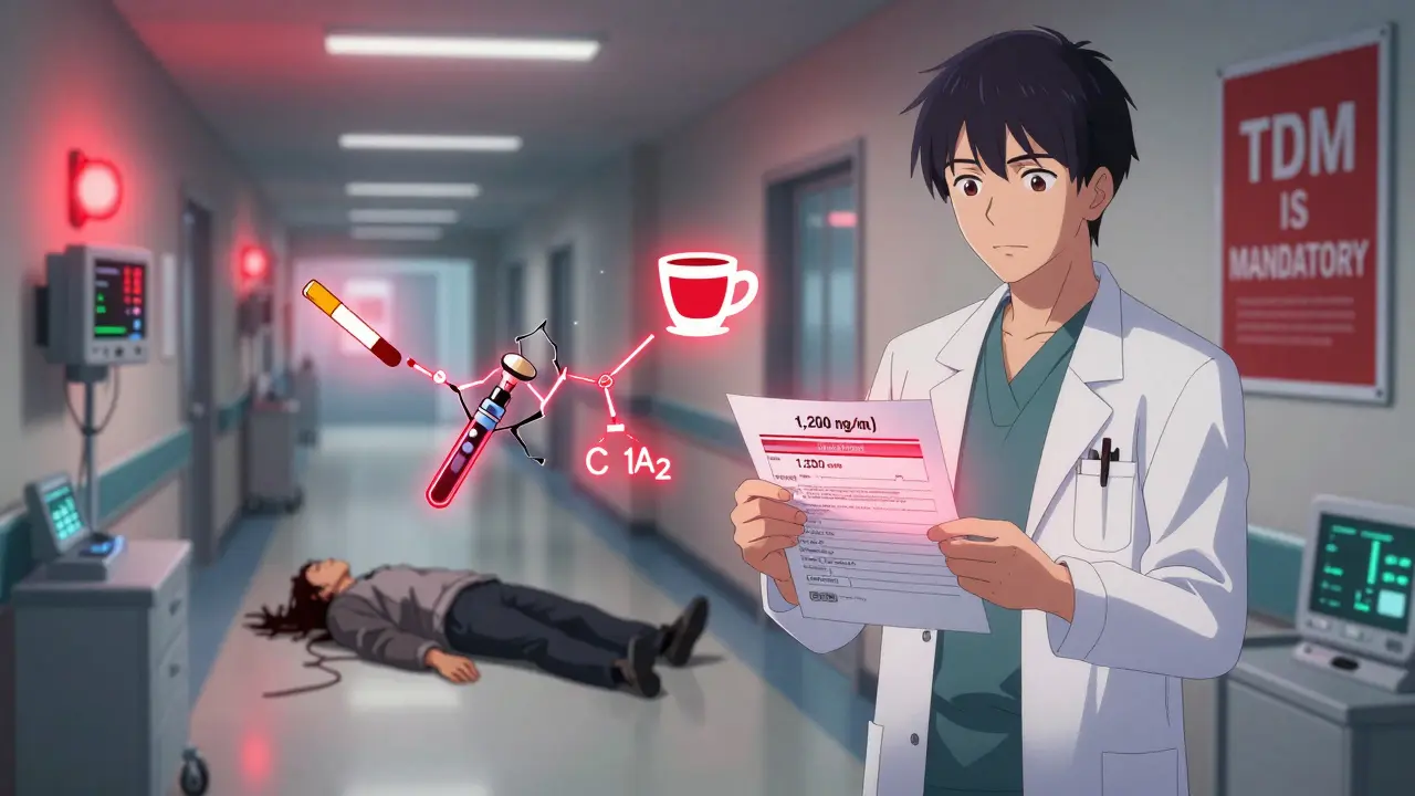 A clinician holding a blood test showing toxic clozapine levels after smoking cessation, patient collapsing nearby.