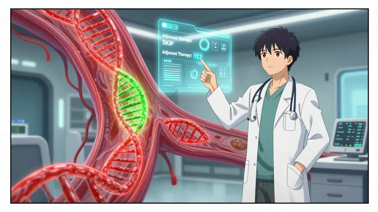 A doctor analyzing holographic circulating tumor DNA in a futuristic clinic, showing whether adjuvant therapy is needed.