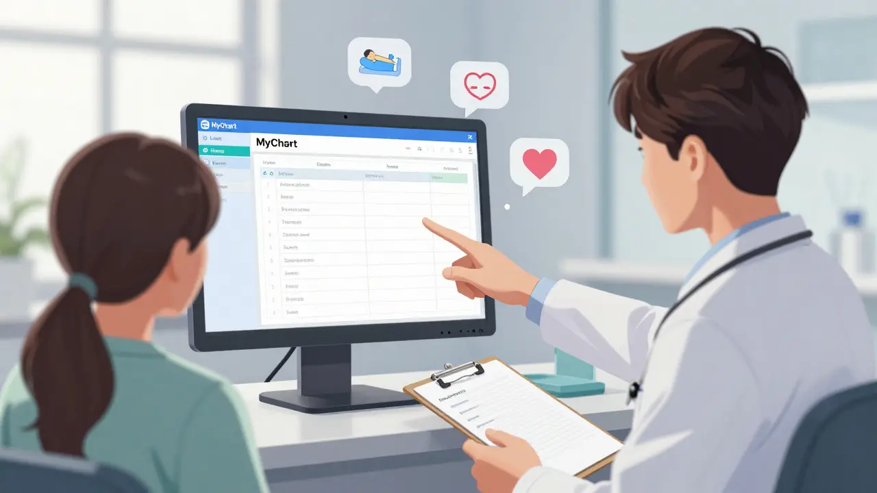 A doctor and patient reviewing a digital health report in a clinic, with health symbols floating as thought bubbles.