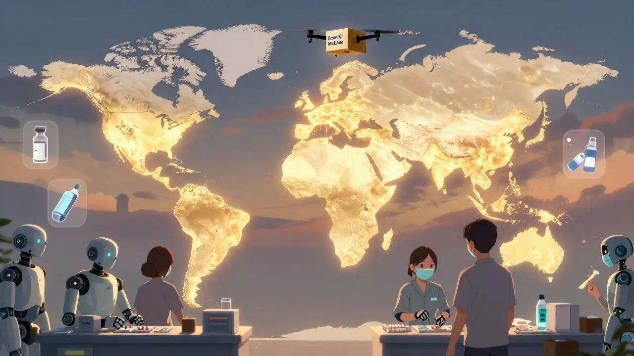 A global map glows with supply routes from Asia to emerging markets, a CMO facility ships medicine as a drone takes off.