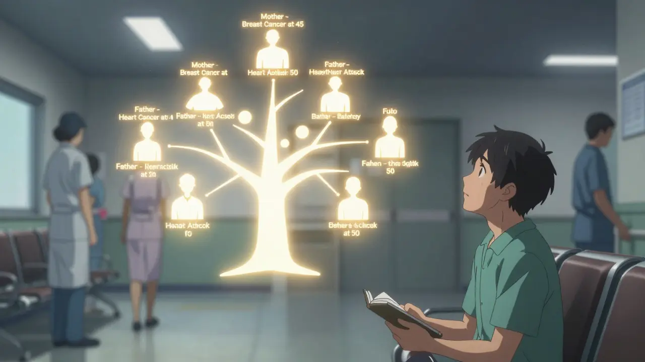 A glowing family health history tree floating above a hospital waiting area, with key medical conditions highlighted.