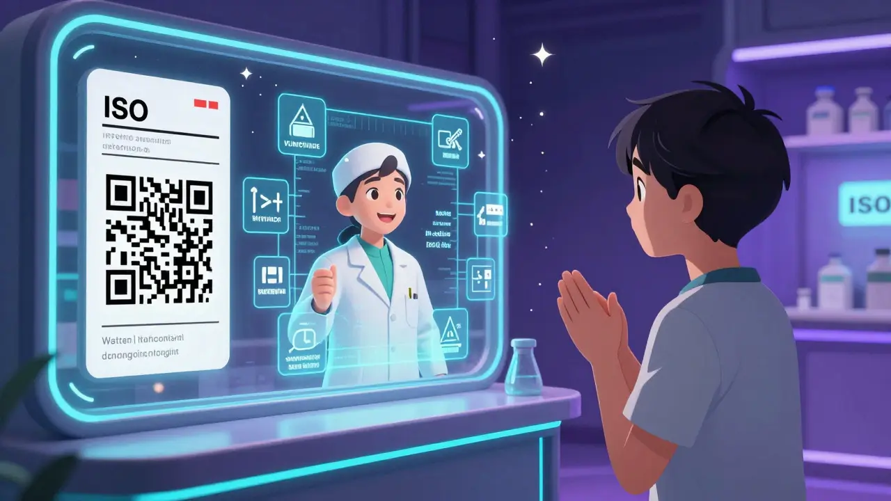 A patient scans a QR code on a prescription label, triggering a holographic pharmacist speaking in their native language.
