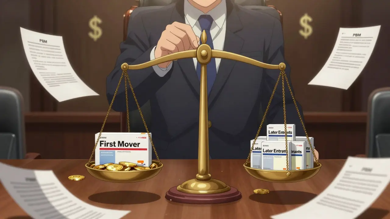 A PBM executive balances a scale with one dominant generic drug against five smaller ones, surrounded by floating contracts and dollar signs.