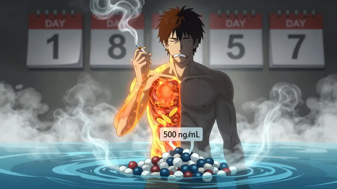 A person's body transitioning from smoking to quitting, with enzyme activity fading and drug levels rising dangerously.