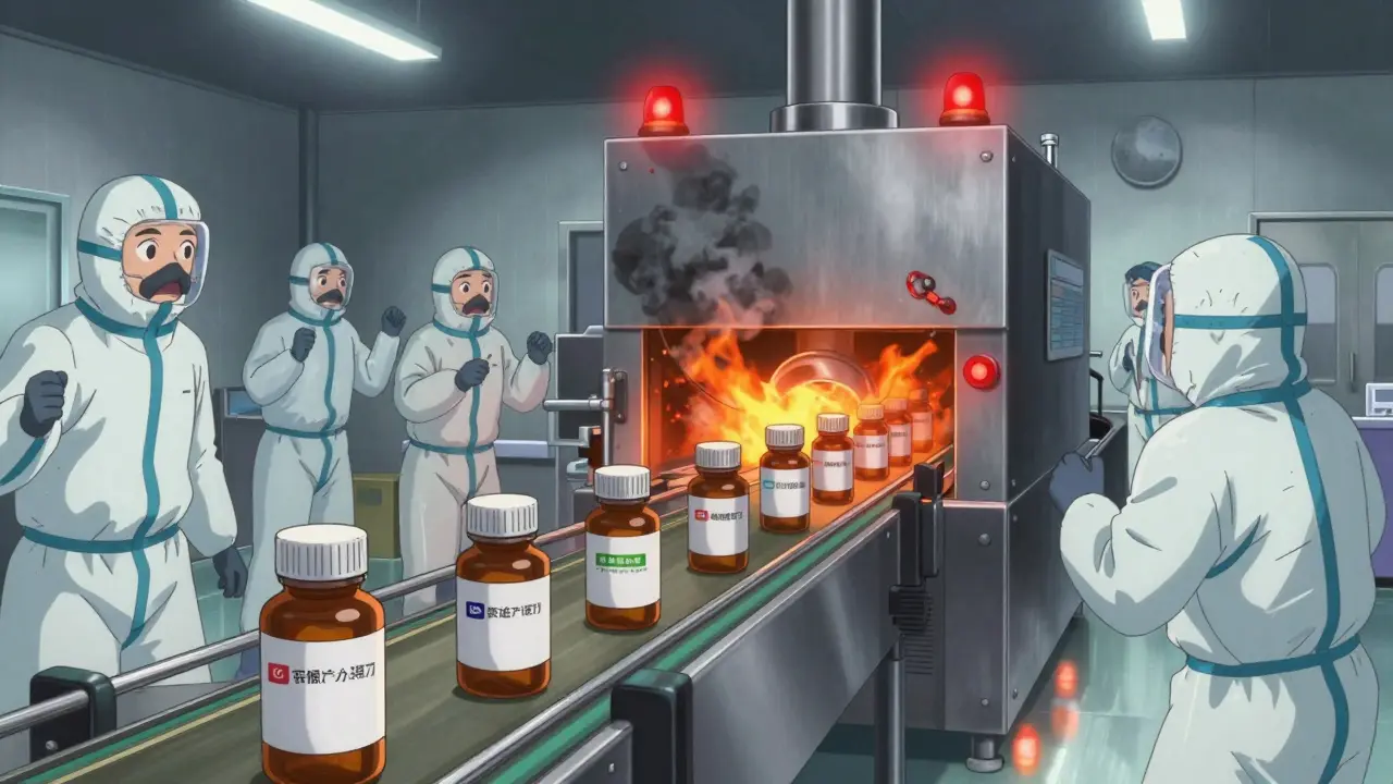 A pharmaceutical production line halts as smoke erupts from a shared machine, warning lights flashing over identical generic drug bottles.