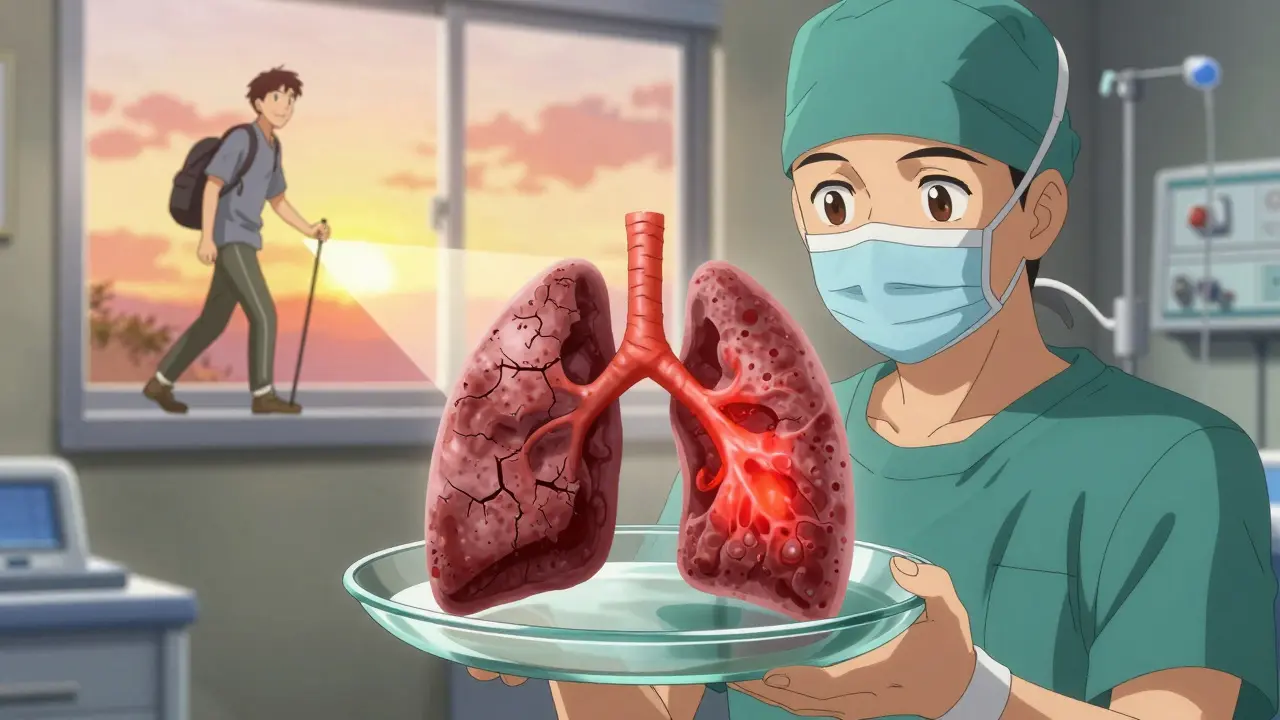 A surgeon holding a tumor split between dead and living cells, with two diverging life paths illuminated behind them.