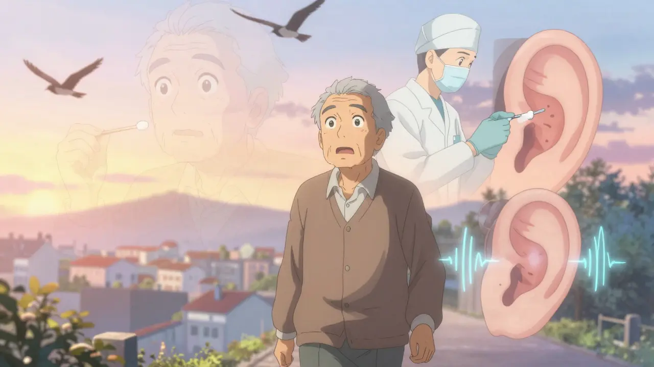 An elderly man experiences restored hearing, seeing birds again after earwax removal.