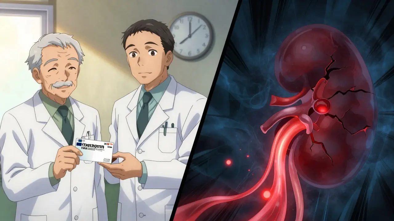 An elderly man receiving a trimethoprim prescription while hidden potassium leakage damages his kidneys, shown in a split anime-style panel.