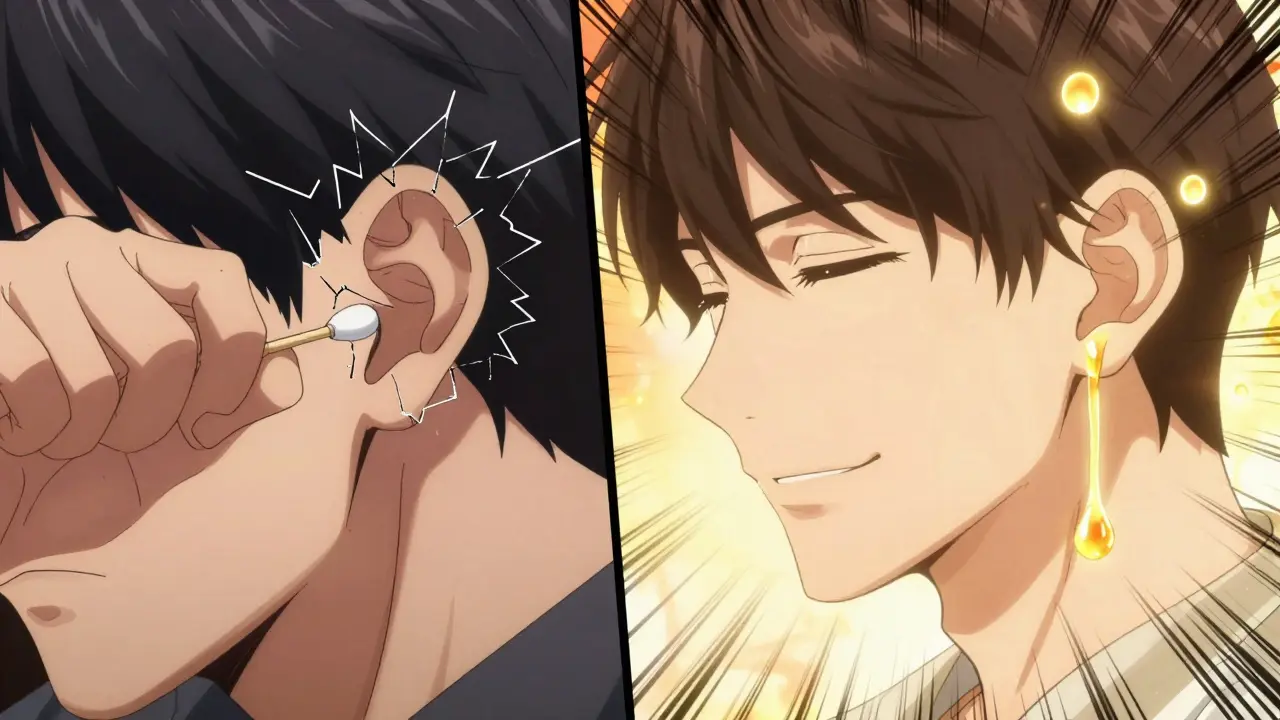 Contrast between damaging cotton swab use and safe oil drop treatment for earwax.