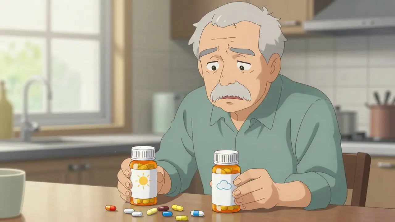 Elderly man confused by similar pill bottles with sun and cloud symbols on counter