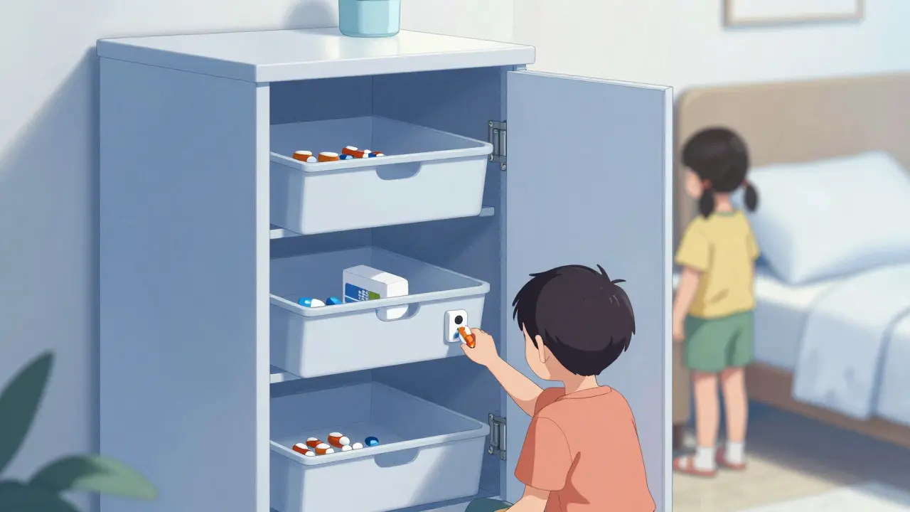 Family storing meds in locked cabinet, child playing safely nearby in bedroom