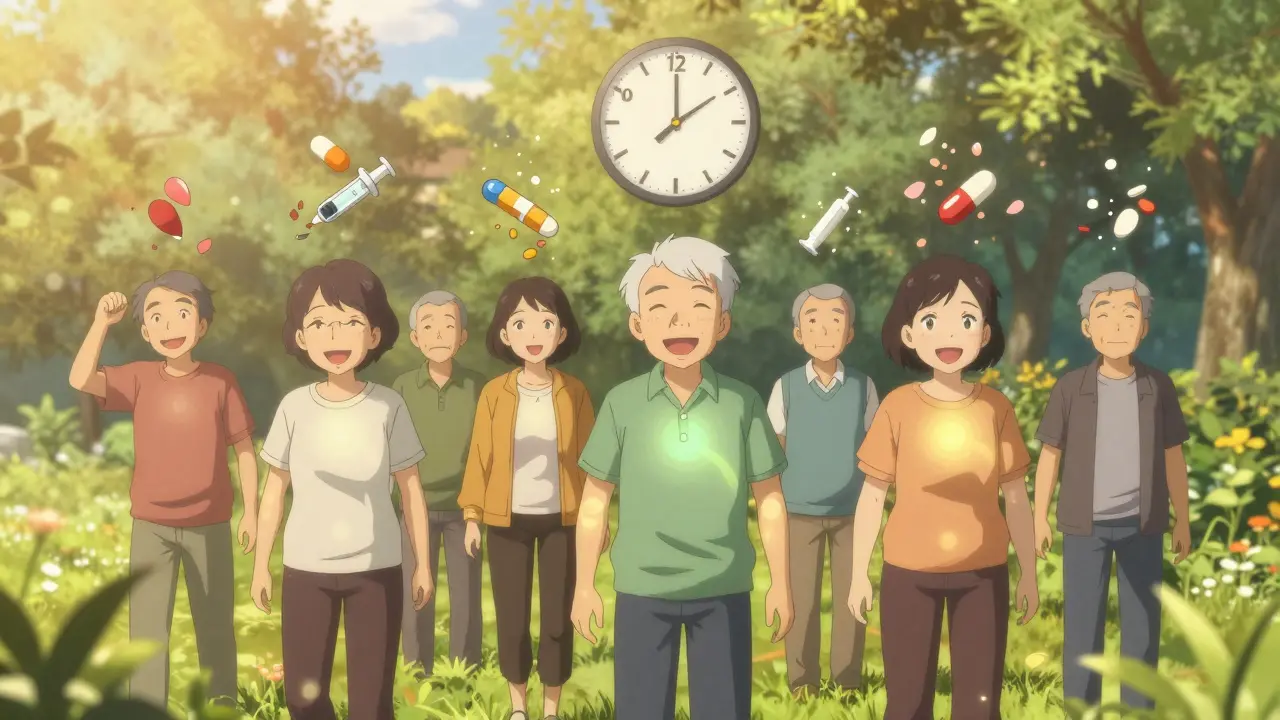 Older adults smile in a sunlit park, faint glows around their joints fading, as broken drug icons turn to petals, representing full recovery from drug-induced lupus.