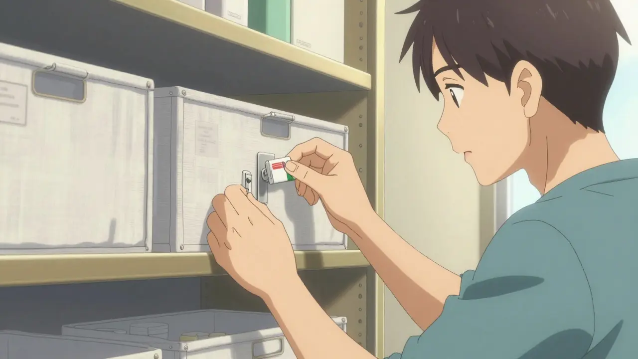 Parent securing medications in high locked cabinet, child unable to reach.