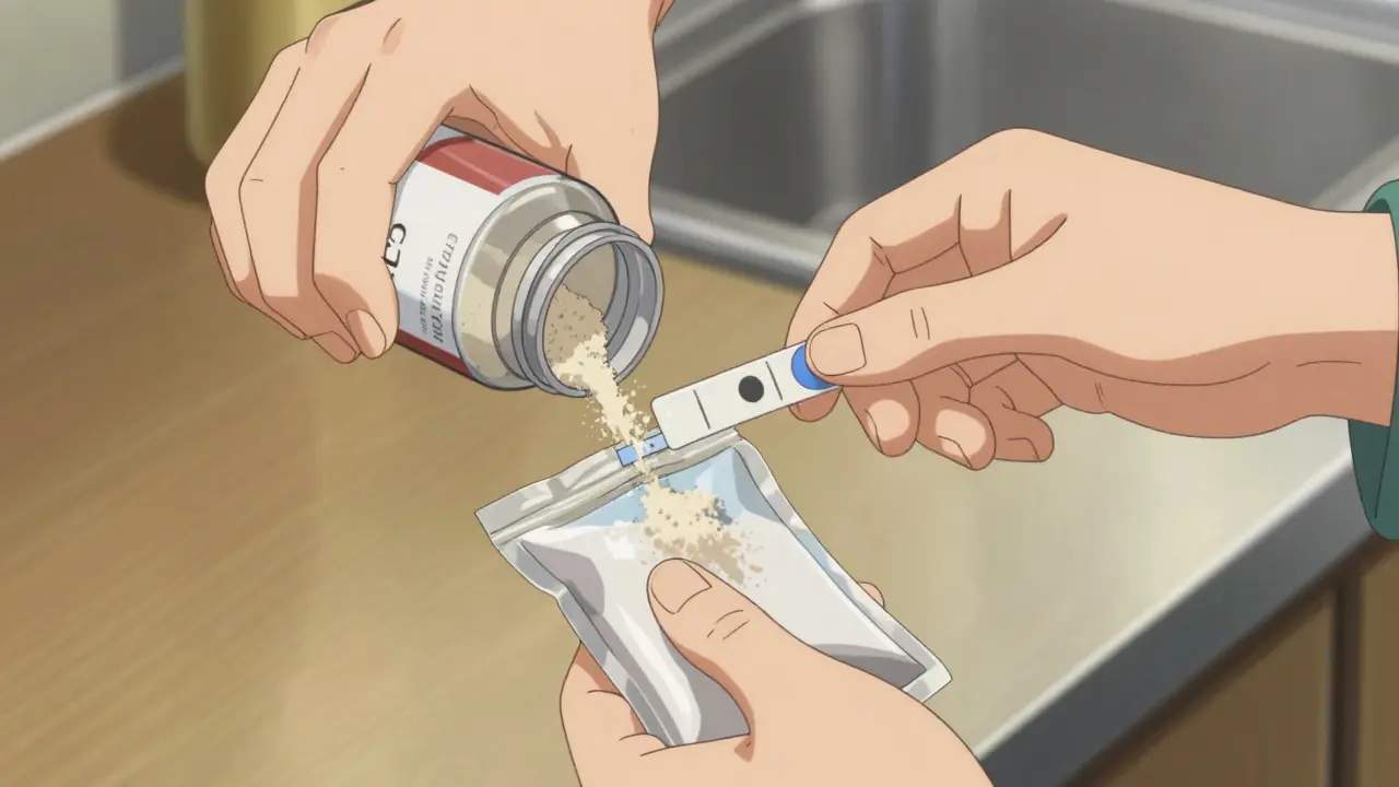 Person pouring powder into medication bag for safe disposal in kitchen.