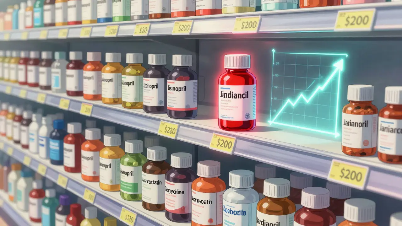 Shelf of generic drug bottles with falling prices, one expensive brand-name drug isolated above them.