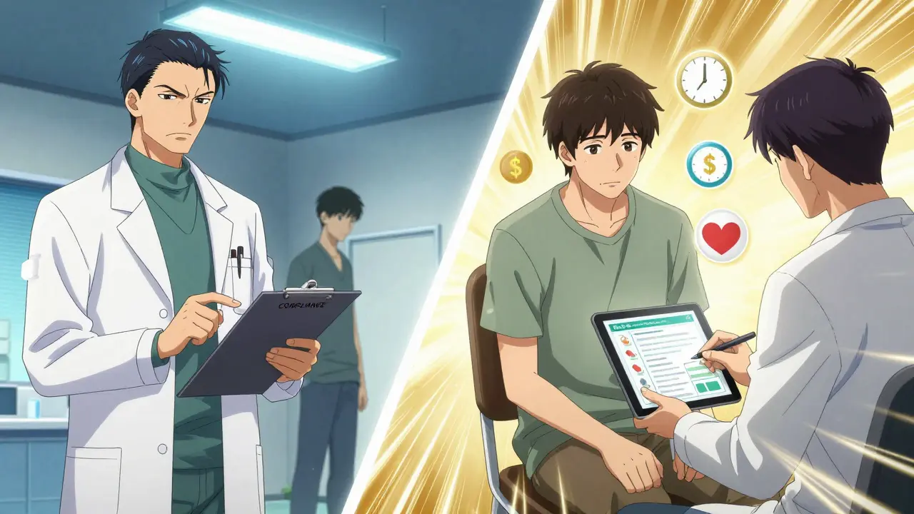 Split scene showing transition from judgmental compliance to collaborative care with contrasting lighting and symbols.