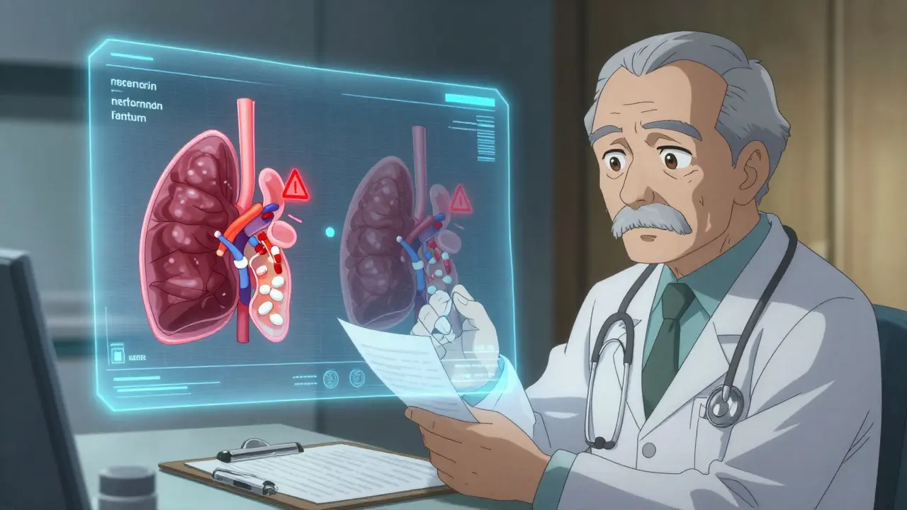 A doctor and elderly patient in a clinic, with a holographic chart showing aging organs and accumulating medications.