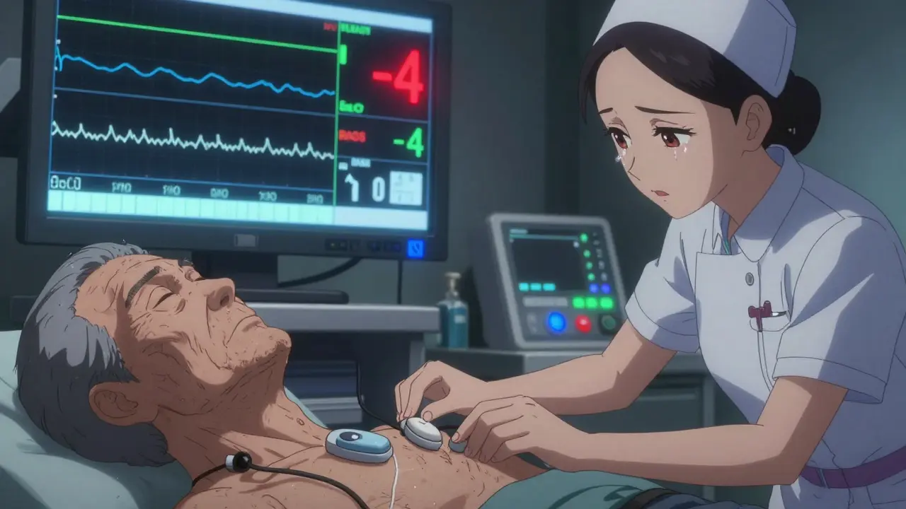 A nurse adjusting chest sensors on an elderly patient while a capnography monitor shows a flat line and RASS reads -4.