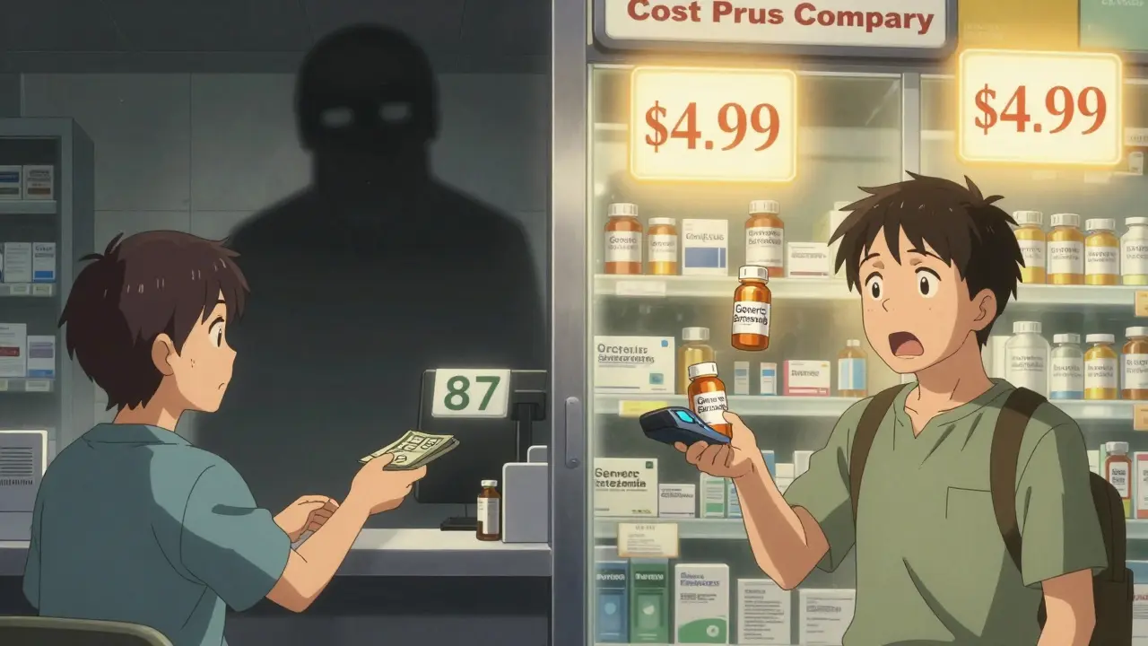 A patient paying  vs .99 for the same generic drug at two different pharmacies.