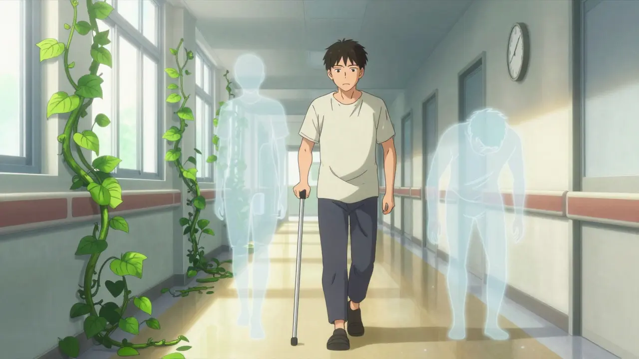 A patient walking with a cane, fading ghostly versions of their former unsteady self behind them.