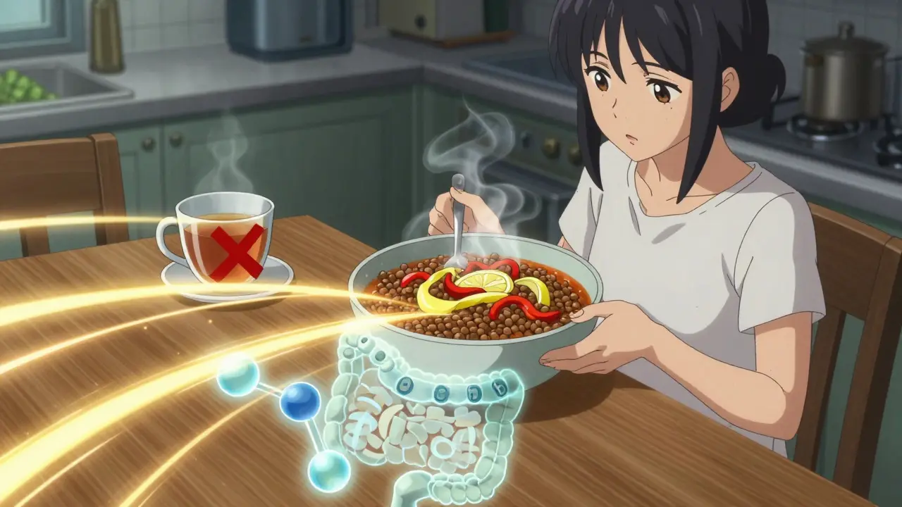 A person eating lentil stew with bell peppers and lemon juice, while tea is marked with a red X beside them.