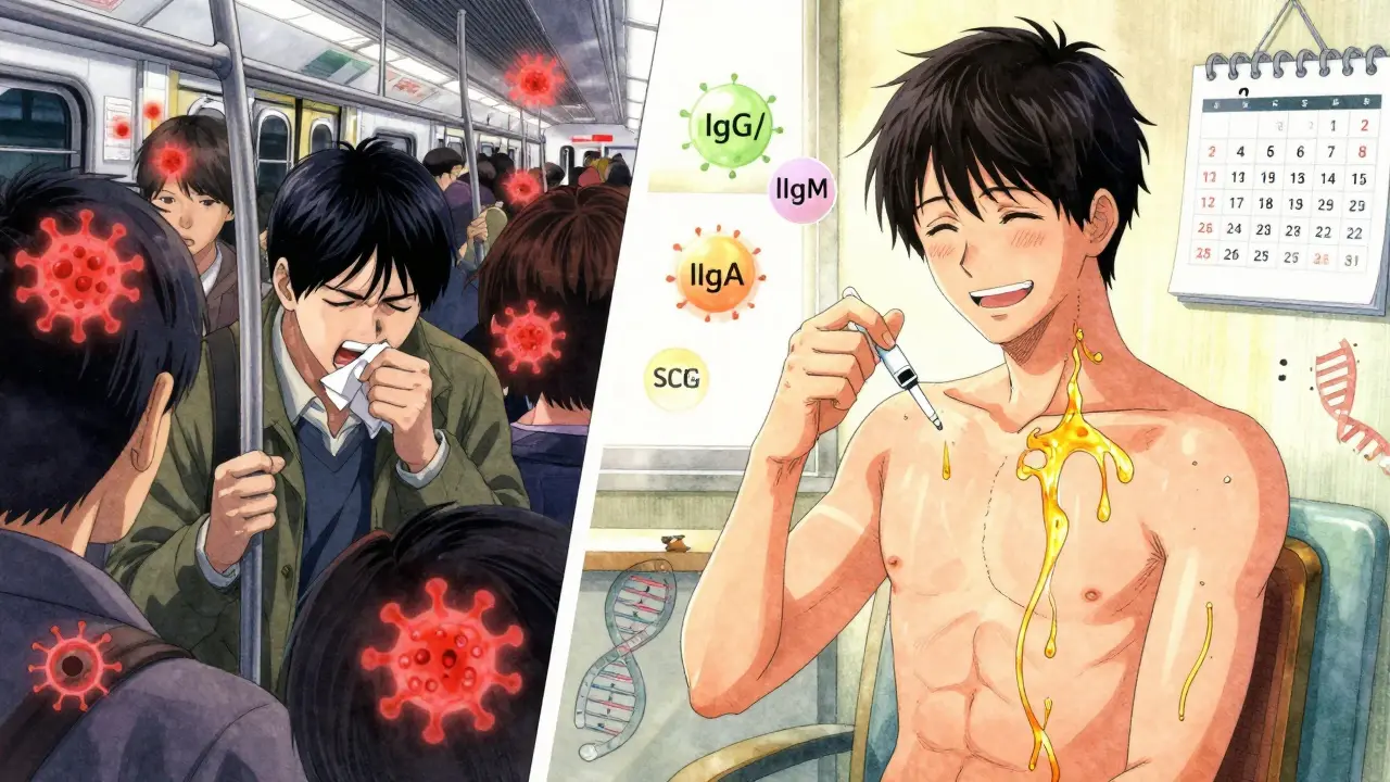 A person managing CVID at home with SCIG injections, contrasted with a prior scene of illness in a crowded subway, symbolizing regained control.