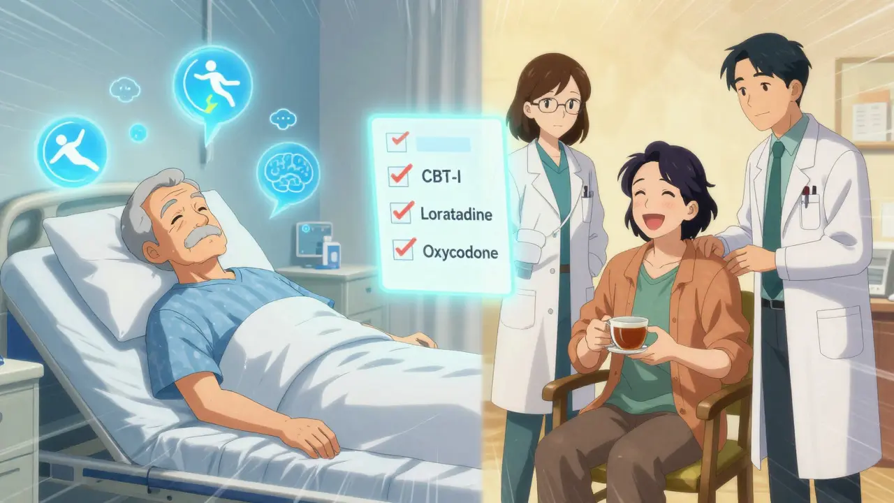 A senior in hospital with warning symbols on one side, and smiling at home with safer alternatives on the other.