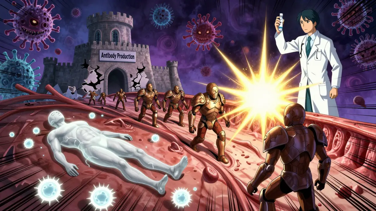A surreal battle inside the body where weakened B cells fight pathogens, with a scientist holding a vial representing next-generation targeted therapies.