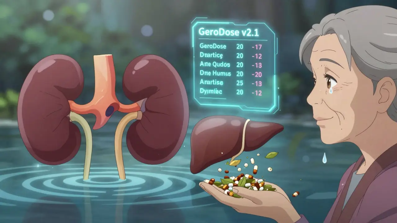 A symbolic cascade of drug buildup from failing kidneys to liver enzymes, with a futuristic dosing interface glowing above an elderly woman.