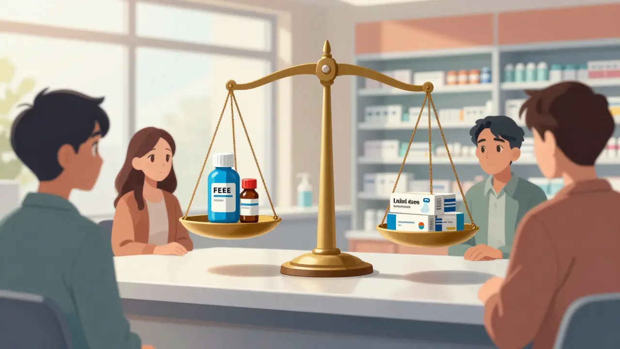 Balance scale over pharmacy counter with medicine and regulation symbols.