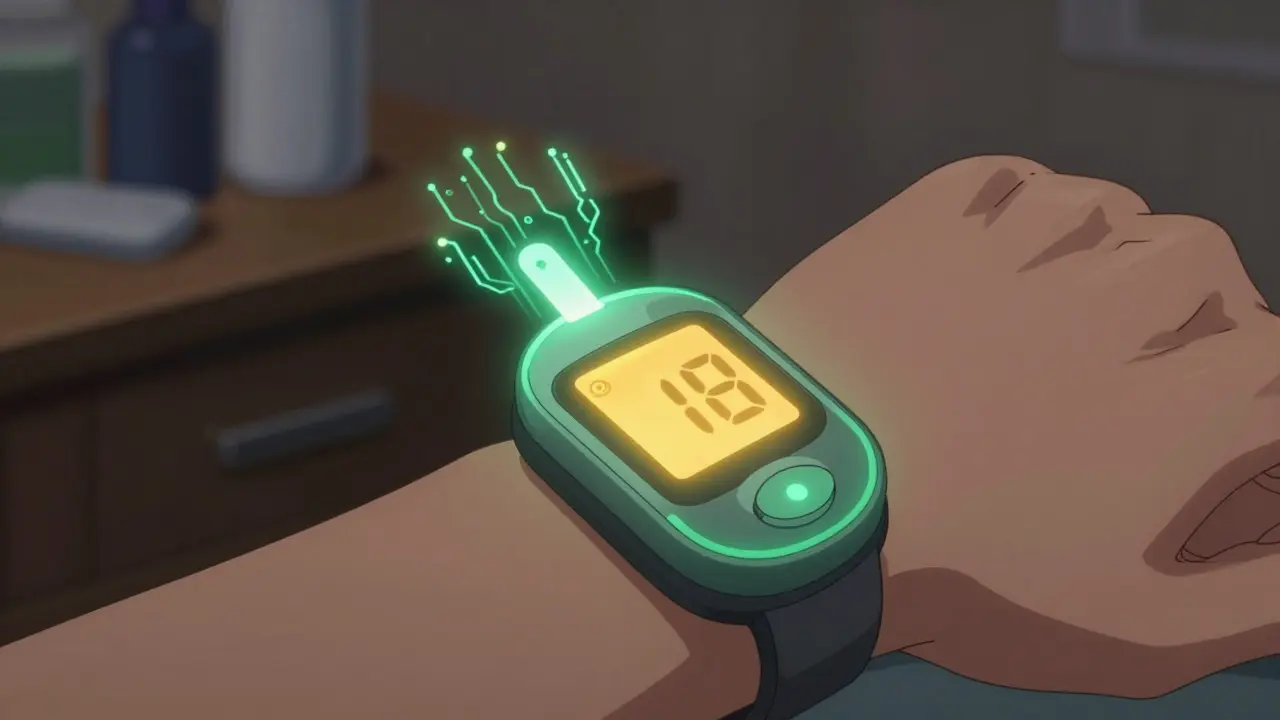 Close-up of glowing glucose monitor on wrist in dim room.