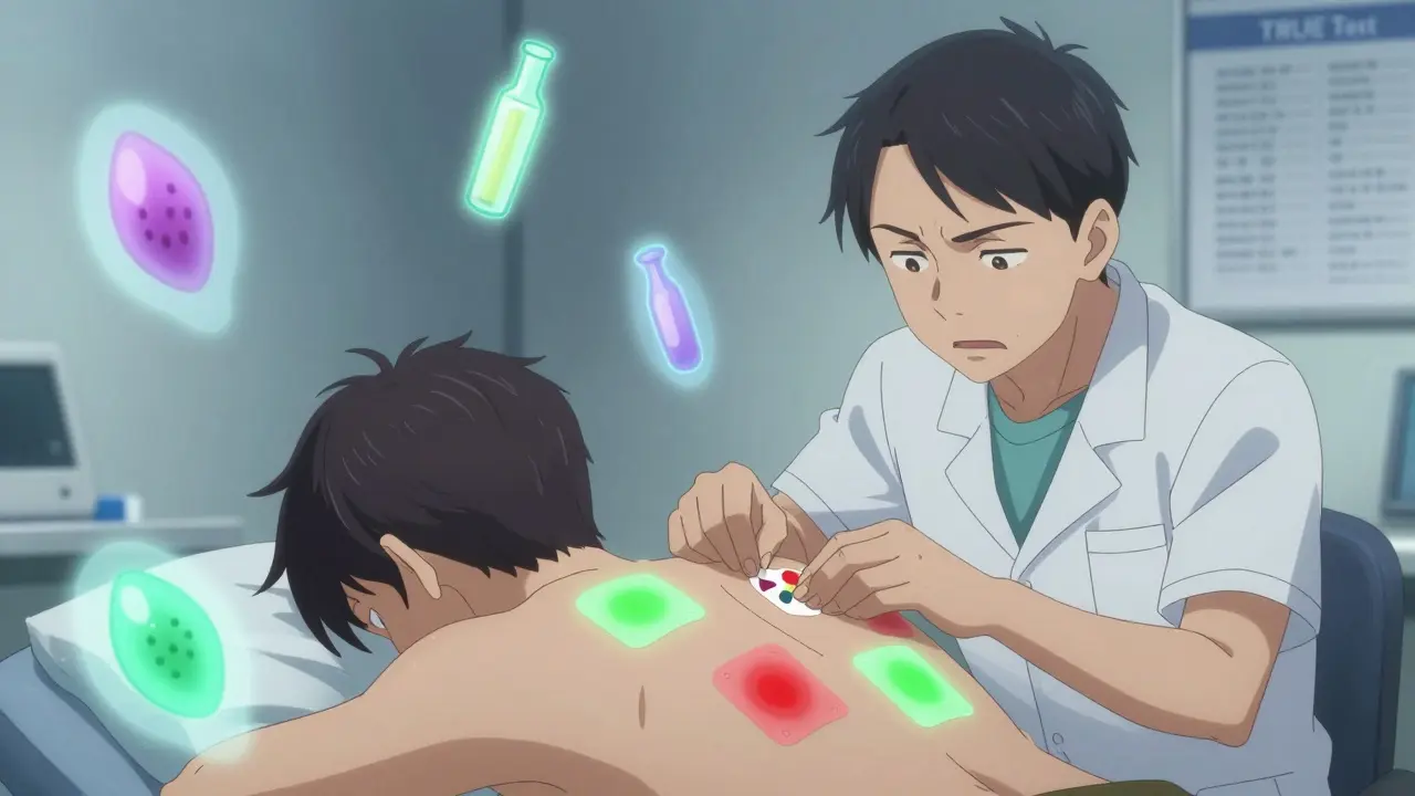 Dermatologist performing patch test on patient's back, with glowing reaction zones and floating allergen symbols.