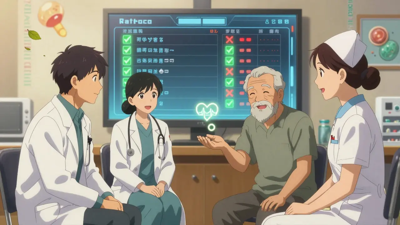 Elderly man smiling as care team removes unnecessary medications, personalized plan displayed on screen.