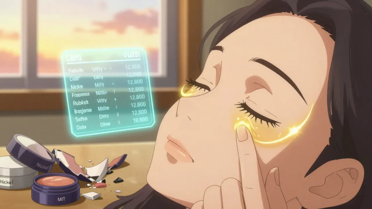 Hand applying petroleum jelly to eyelid with broken makeup containers nearby, digital database glowing in background.