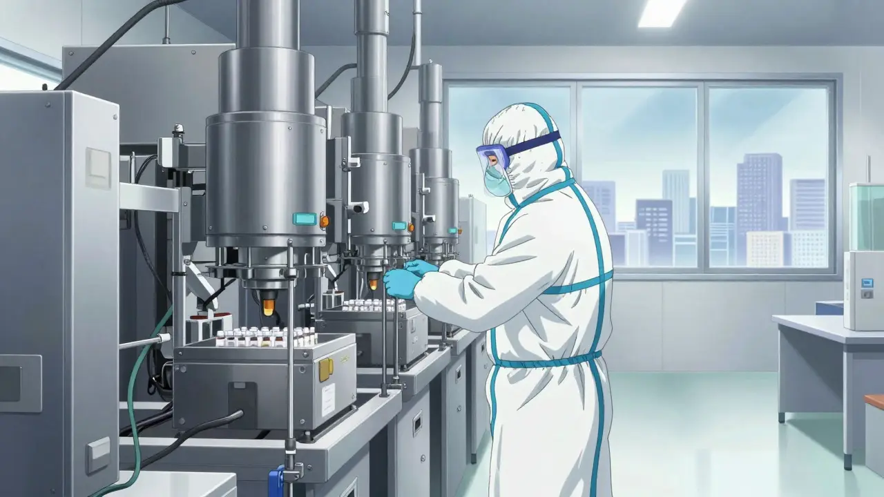 Inspector walking through a sterile pharmaceutical manufacturing facility.