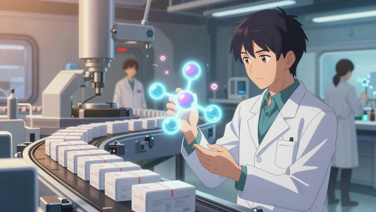 Scientists studying molecules near generic medicine conveyor belt.