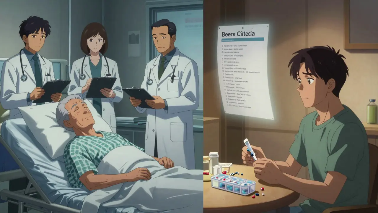 Senior patient overwhelmed by multiple doctors prescribing drugs, confused in front of a pill organizer.