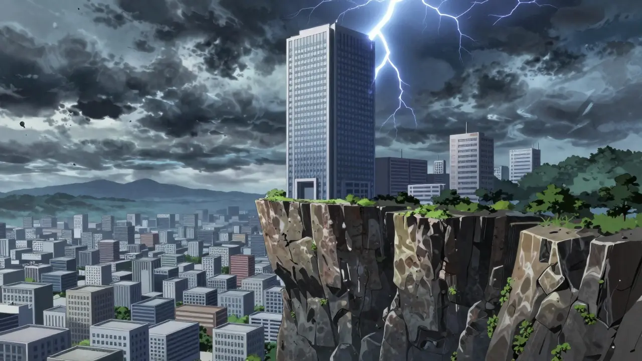 Skyscraper on cliff edge above valley of generic buildings.