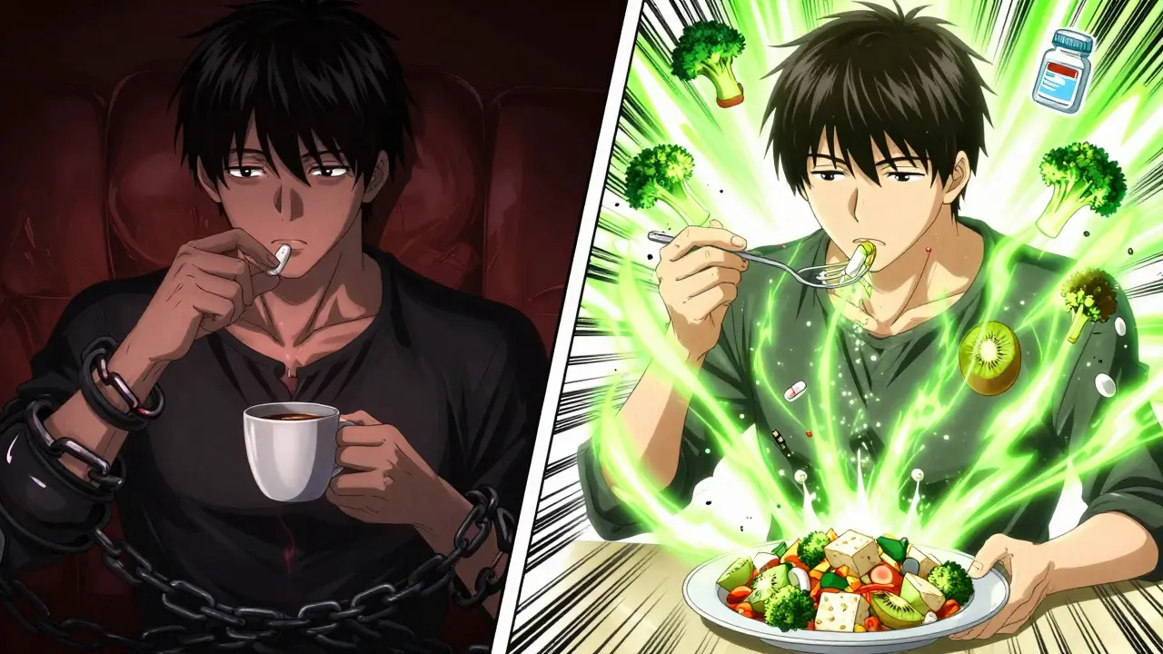 Split scene: one side shows iron absorption blocked by coffee, the other shows vibrant nutrient uptake with kiwi and broccoli.