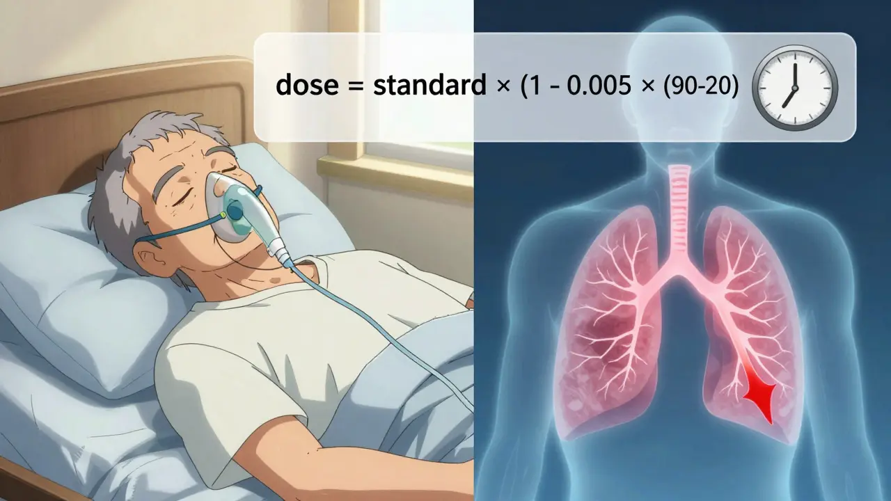 Split scene: peaceful senior on oxygen vs. hidden lung collapse, with age-based dosing formula visible above.
