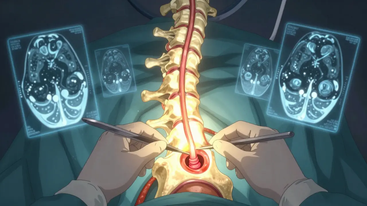 Surgeon performing cervical spine surgery with glowing spinal cord being decompressed.