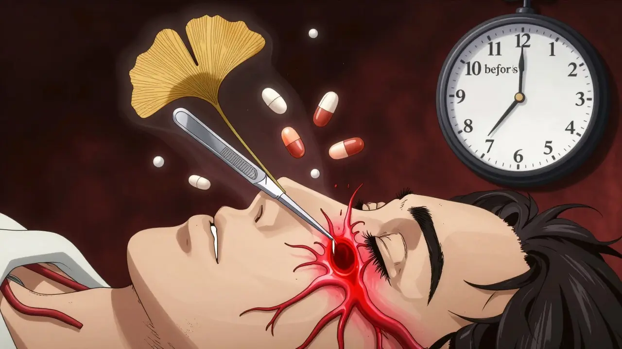 Surgical scalpel above forehead with Ginkgo and aspirin molecules colliding, one blood vessel rupturing.