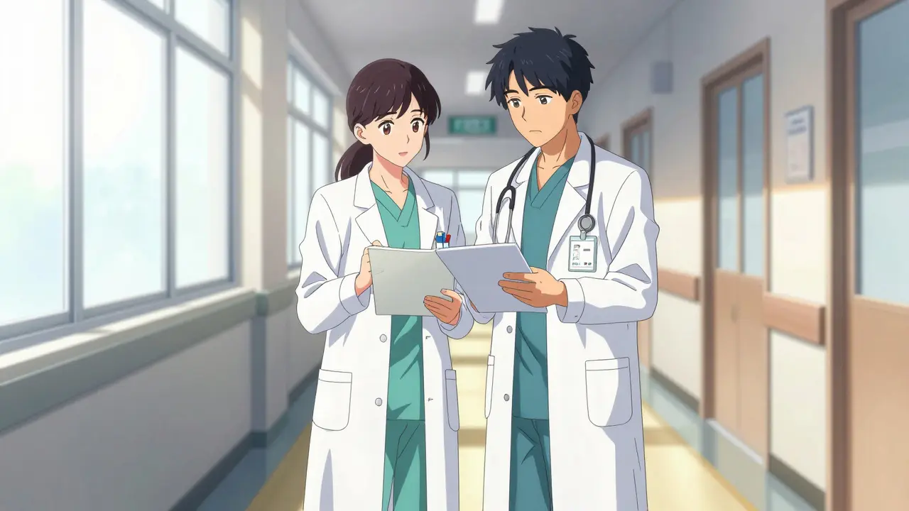 Two doctors discussing notes in hospital hallway.