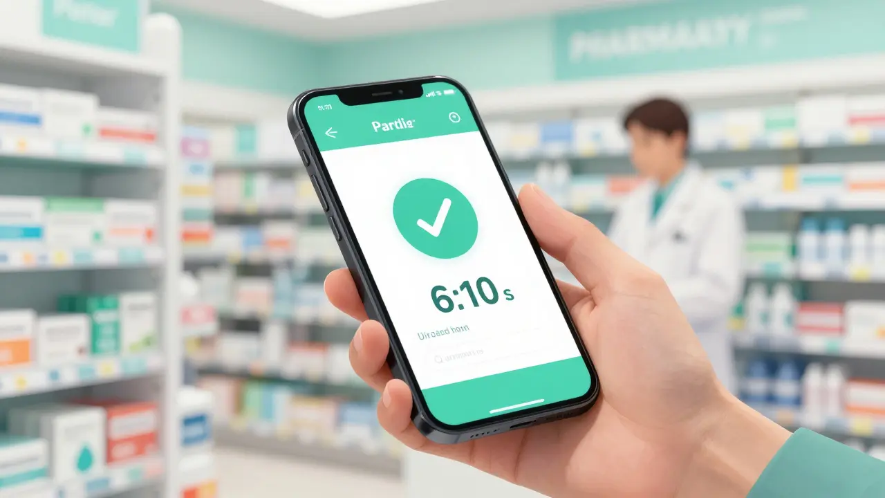 A hand using a pharmacy discount app in a bright, legitimate pharmacy setting.