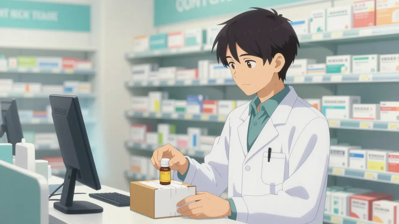 A licensed pharmacist preparing a prescription medication for secure home delivery
