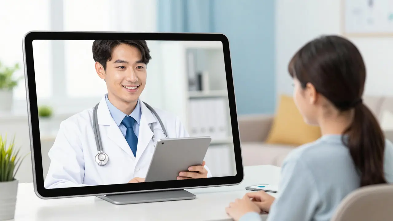 A patient having a virtual medical consultation with a doctor via a tablet