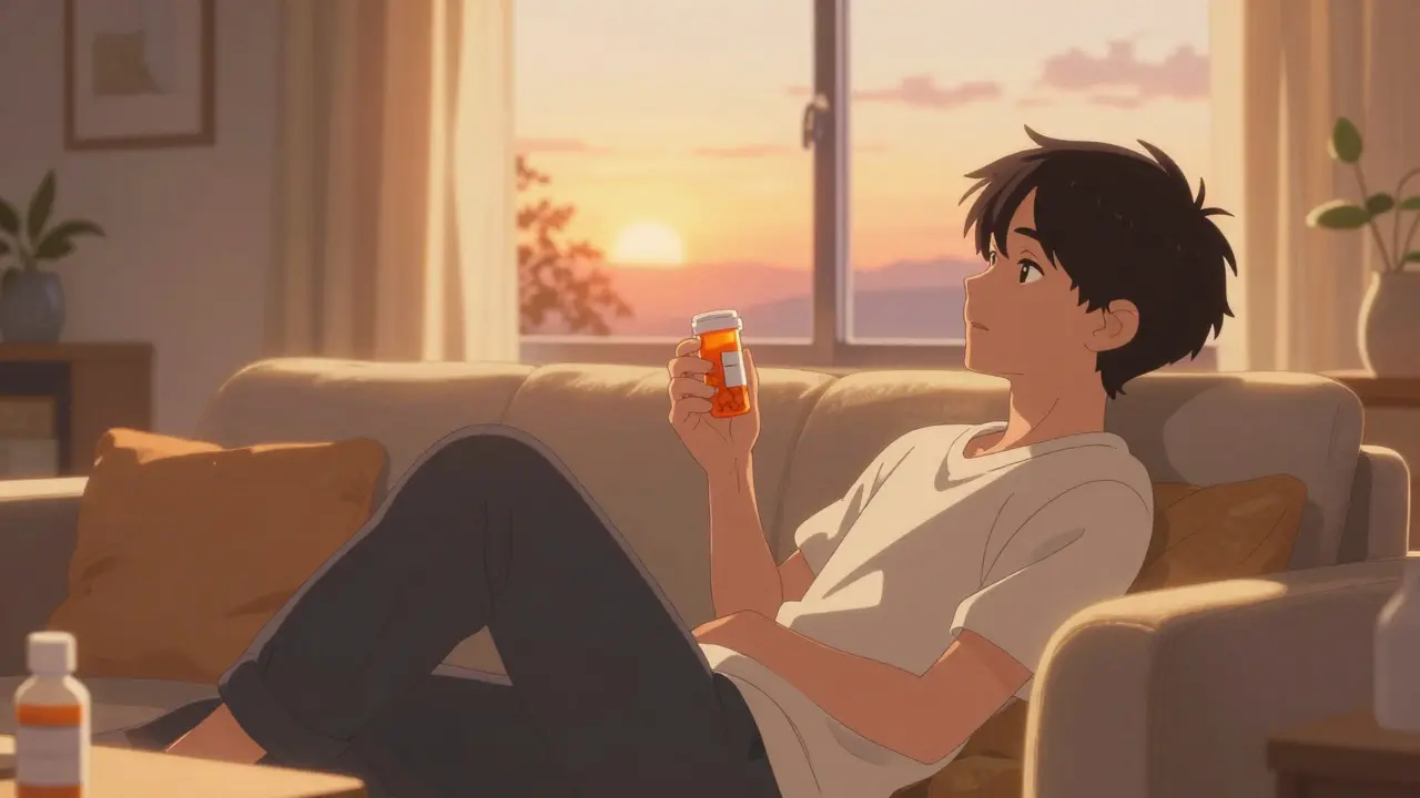 A person feeling peaceful and safe at home with their legal prescription medication.