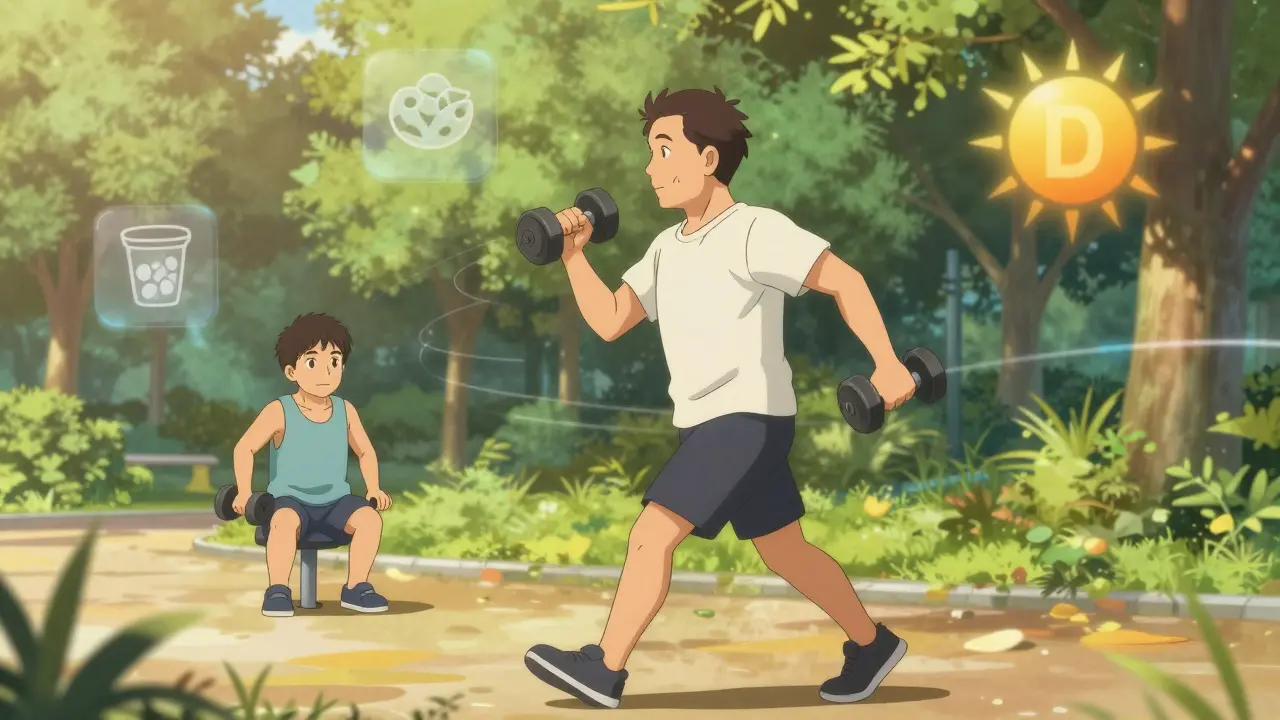 An adult exercising and staying active for bone health, anime style.