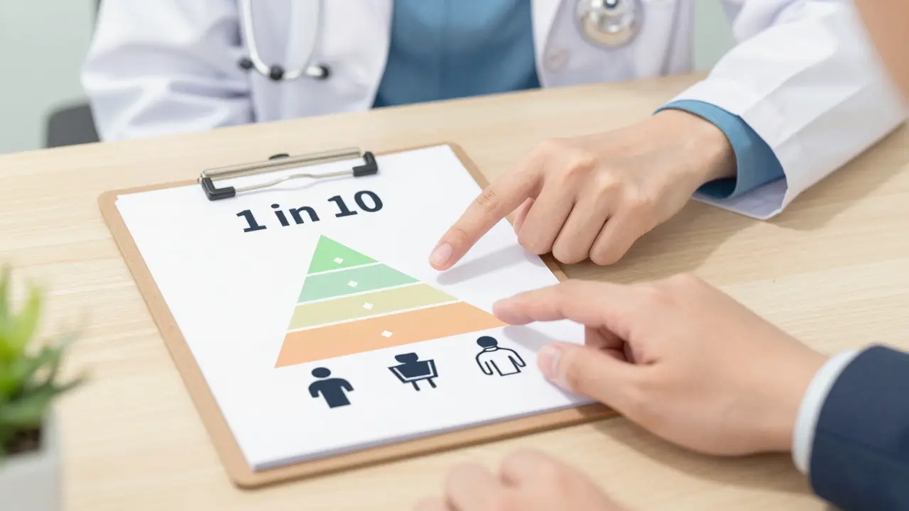 Anime close-up of a doctor and patient reviewing a visual risk chart to make a shared decision.