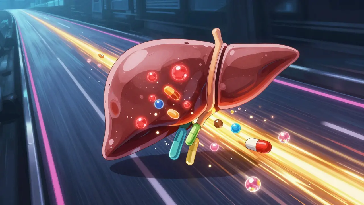 Anime conceptual art of medication molecules being swept quickly through a liver highway.